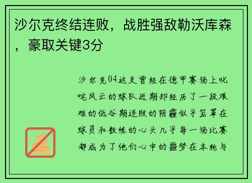 沙尔克终结连败，战胜强敌勒沃库森，豪取关键3分