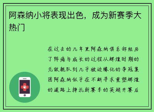 阿森纳小将表现出色，成为新赛季大热门